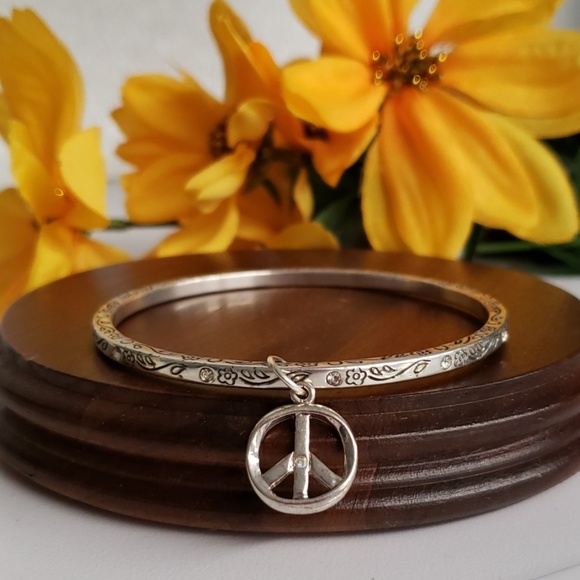 Grrrlee by Sandy Lee Jewelry - Jeweled Bangle Bracelet with Peace Sign Charm